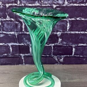 Vintage Hand Blown Green Swirl Art Glass Flower Vase with Coil Spiral Base